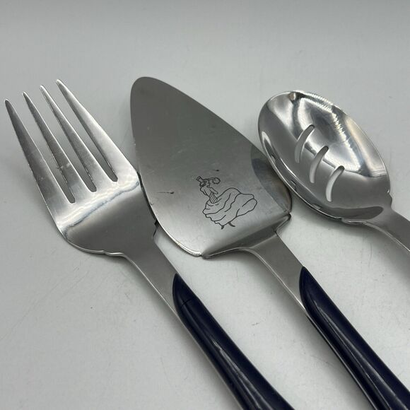 3 Pc Vtg Fiesta Swirl Serving Utensil Set Blue Pie Server Slotted Spoon Fork - Picture 1 of 7